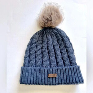 B+B Cable Knit Beanie Hat with Faux Fur Pom Pom Slate Blue